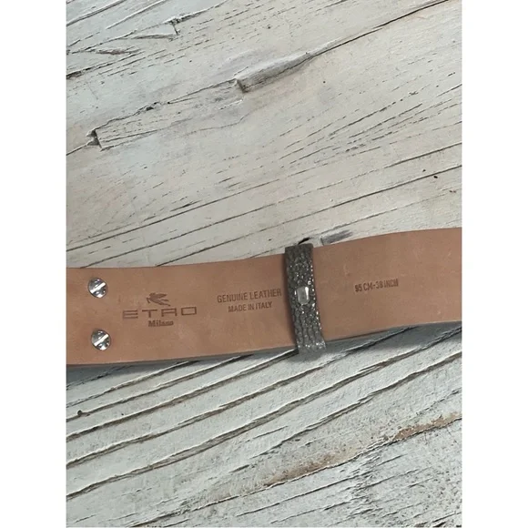 Etro Milano Stingray Metro Belt Gray Leather Ornate Silver Buckle Size 38 inch - Picture 5 of 12